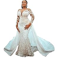 Melisa Plus Size Illusion Bridal Ball Gowns Detachable Train lace Mermaid Wedding Dresses for Bride Long Sleeve