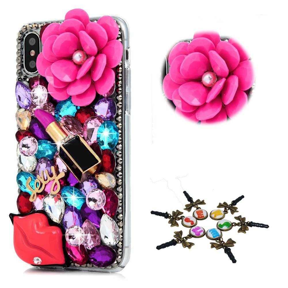 STENES Sparkle Case Compatible with Samsung Galaxy Z Flip 5 5G Case - Stylish - 3D Handmade Bling Rose Lipstick Lips Flowers Rhinestone Crystal Diamond Design Girls Women Cover - Multi Colorful