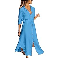 Plus Size Women Waist-Defined Lace-Up Shirt Dress Button Down Cotton Linen Long Sleeve Dressy Casual Solid Dresses