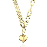 14k Gold Heart Charm Oval Paperclip & Double Curb Chain Necklace, 2 Strand Charm Necklace, Star and Key Charms, 2 Types Chain