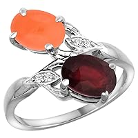 14k White Gold Diamond Enhanced Genuine Ruby & Natural Orange Moonstone 2-Stone Ring Oval 8x6mm, Sizes 5-10