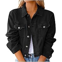 Denim Jacket for Women Stretch Casual Plain Color Long Sleeve Shirts Fall Cropped Button Down Lapel Coats with Pockets