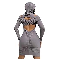 Solid Ruched Cut Out Backless Hooded Bodycon Dress