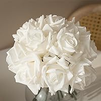 Artificial Roses Single Stem 10pcs Fake Silk Flower Arrangement Bouquet Real Touch for Home Party Wedding Decoration(White)