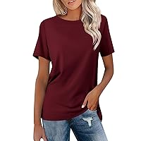 Womens Fashion Tops Trendy Tops for Women 2024 Solid Color Simple Casual Loose Fit with Short Sleeve Round Neck Summer Blouses Wine X-Large