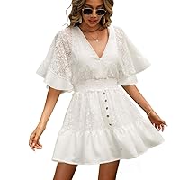 Maxi Dress, Women's Short Batwings Sleeve Mini Dress Lace V Neck Buttons Down Ruffle Flowys Swing Dress Summer A Line Short Dress White