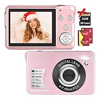 SEREE Digital Camera,2.7K 48MP Compact Camera,2.7 inch Pocket Camera,Rechargeable Small Camera for Kids,School,Children,Photography with 16X Zoom(32GB SD Card Included,2 Batteries), Pink, dfr-66