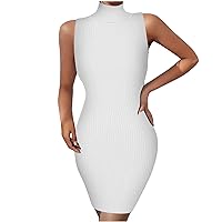 High Neck Ribbed Dresses for Women 2024 Sleeveless Sexy Bodycon Turtleneck Club Party Dress Plain Date Night Dresses