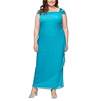 Alex Evenings Women's Plus Size Long Cold Shoulder Dress with Ruched Skirt, Wedding Guest, Prom, Formal Event