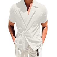 Cotton Linen Shirt for Men Designer's Suit Like Short Sleeve Jacket Shirt Lightweight Lace Up Cardigan Shirt