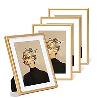 8x10 Picture Frame Set of 4, Matted Gold Simple Modern Brushed Thin Aluminum Metal Photo Frame Fits 6x8 with Mat or 8 x 10 without Mat Vertical and Horizontal for Tabletop and Wall Mounting