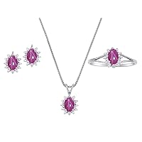 Rylos Women's Sterling Silver Birthstone Set: Ring, Earring & Pendant Necklace. Gemstone & Diamonds, 6X4MM Birthstone. Perfectly Matching Friendship Jewelry. Sizes 5-10.