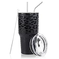 30 oz Tumbler Insulated Tumbler with Straw Metal Tumblers Cup with Straws and Lid for Cold Hot Drinks (Black leopard)