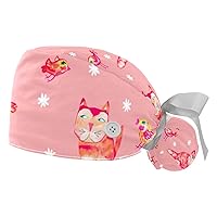 Scrub Bouffant Caps 2 Pcs Cats Birds Flower Working Hat Hair Cover with Ponytail Pouch, Soft Surgical Nurse Cap