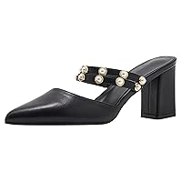 Women’s Pointed Toe Chunky Heels Slip On Pump Shoes Pearls Decorated Strappy Block Mid Heel Shoes