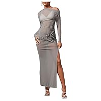 Floerns Women's Asymmetrical Neck Sheer Mesh Long Sleeve Evening Bodycon Maxi Dress