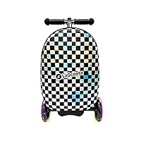 Scooter Suitcase, Foldable Scooter Luggage For Kids - Lightweight Kids Ride on Luggage Scooter with Wheels, LED Lights - Checkered Graphic Suitcase Scooter, Ride On Suitcase for Kids Ages 2-5