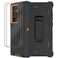 for Samsung Galaxy S23 Ultra Case with Belt Clip Holster, 2X Screen Protector, [Military Grade] Heavy Duty Full Body Shockproof Rugged Protective Cover for Samsung S23 Ultra 5G (Black & Orange)