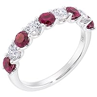 PEORA Solid 14K Gold 1 Carat Lab Grown Diamond and Created Ruby 9-Stone Half Eternity Band for Women, Wedding Anniversary Stackable Ring, Sizes 4 to 10