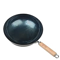 ZhenSanHuan Chinese Hand Hammered Iron Pow Woks and Stir Fry Pans Wooden Handle Round Bottom (30CM, Blue Black -Seasoned)