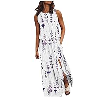 Maxi Dresses for Women 2024 Petite with Pockets, Summer Dress for Women Sleeveless Round Neck Maxi Dresses Sol