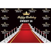 7x5ft Happy Birthday Sweet 16th Backdrop Red Carpet for Sixteen Years Old Birthday Party Background Princess Prince Yellow Crown Red Carpet 16th Party Banner Kids Adult Photo Studio Props