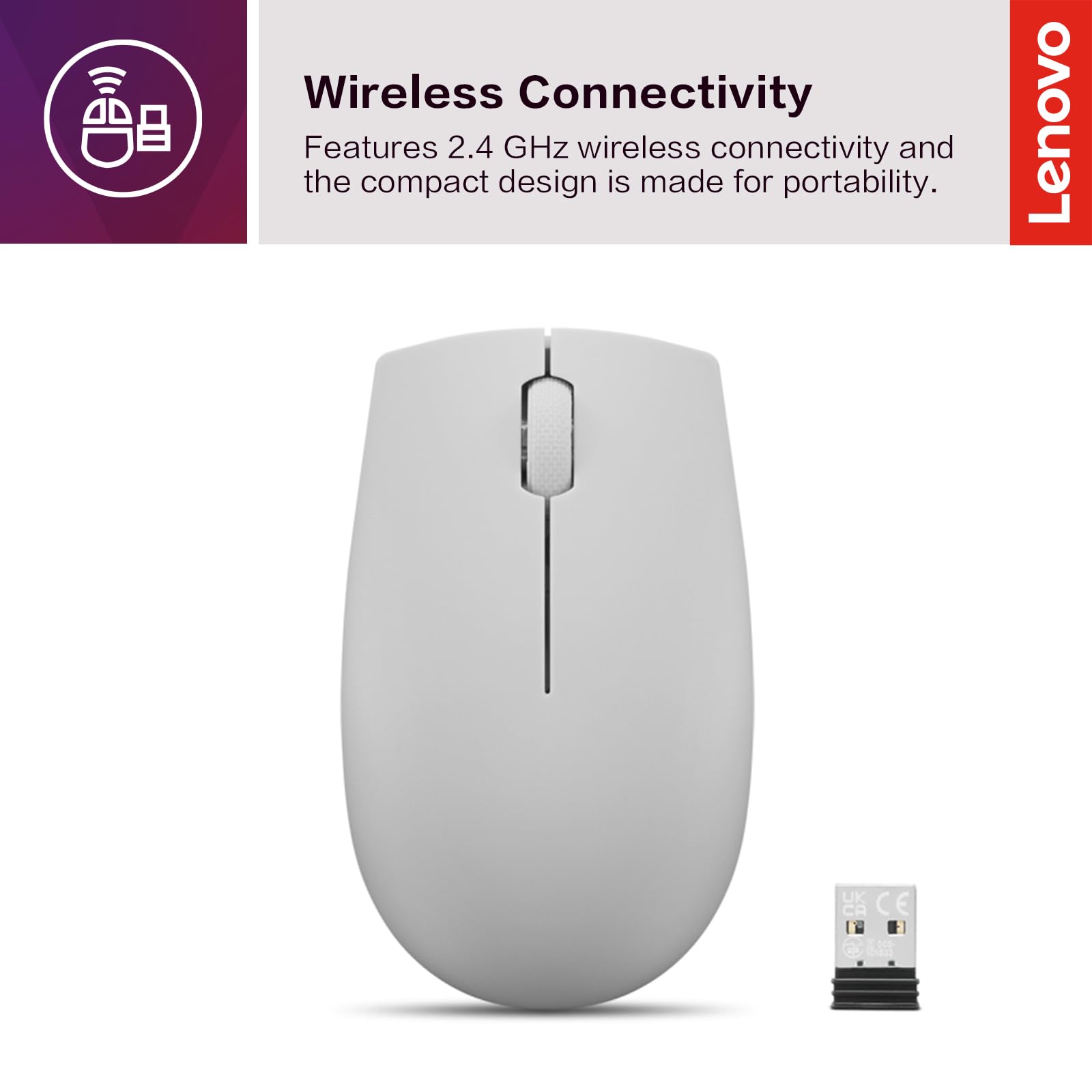 Lenovo 300 Wireless Mouse – Computer Mouse for PC, Laptop with Windows – Ambidextrous Design – 2.4 GHz Nano USB Receiver – 12 Month Battery Life