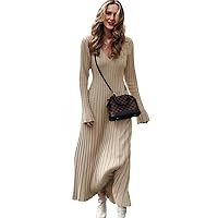 Women Knitted Long Dress Autumn Winter Pleated A-Line Midi Dresses Female V-Neck Casual Ladies Ribbed Maxi Robe