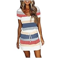 Womens Summer Dresses 2024 Drawstring Waist Casual Dress Striped V Neck Home Dress with Front Pockets Fashion Sundress