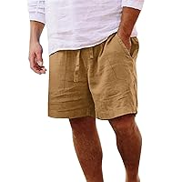 Men's Shorts Casual Cotton Linen Drawstring Elastic Waist Summer Beach Shorts for Men Relaxed Fit Solid Color Short Pants