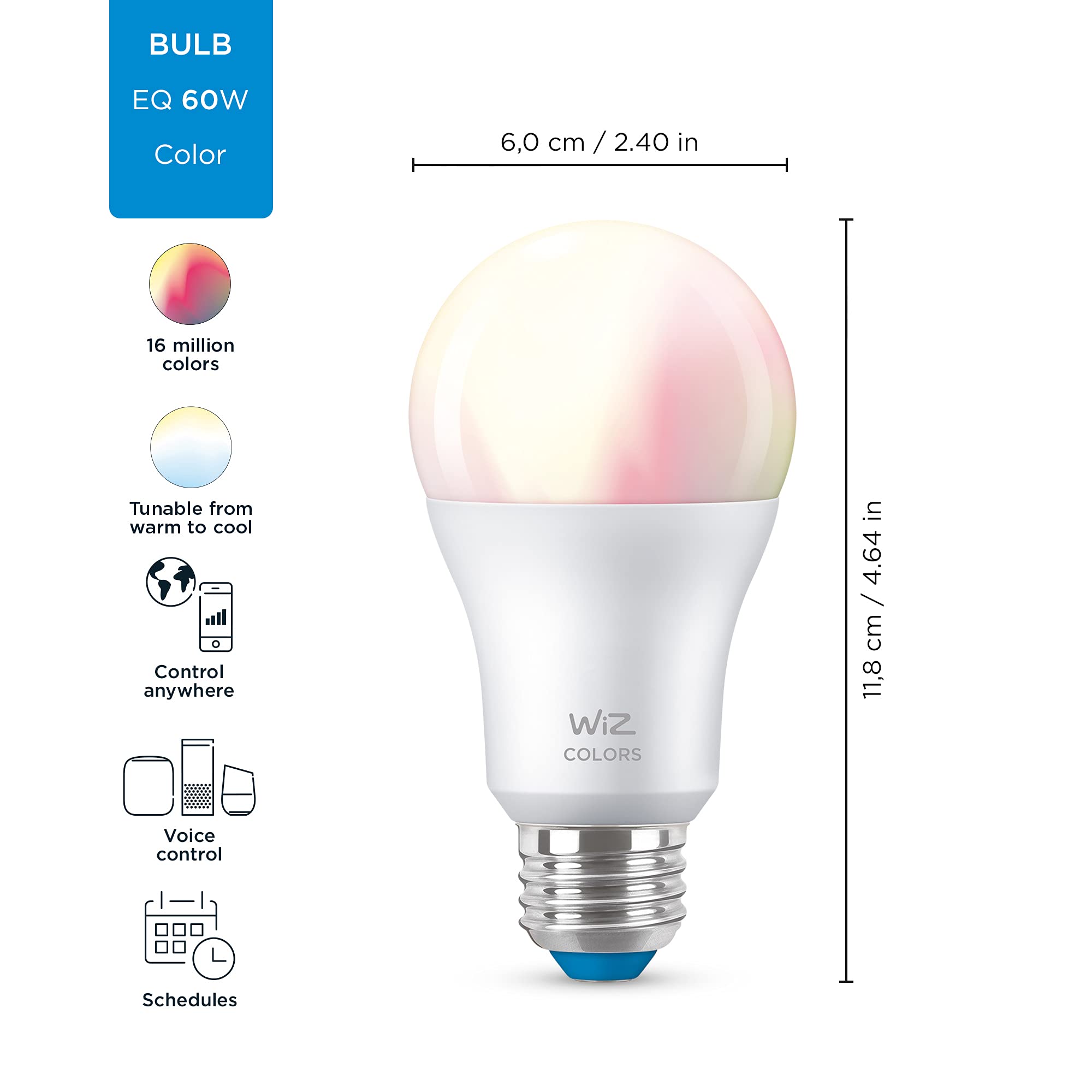 WiZ Connected 6-Pack Color 60W A19 Smart WiFi Light Bulb, 16 Million Colors, Compatible with Alexa and Google Home Assistant, No Hub Required, 6 Bulbs
