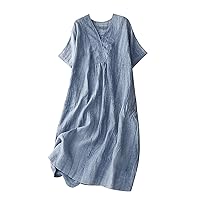 Womens Cotton Linen Dress Plain Vintage Dresses Summer Short Sleeve Casual Beach Dress Comfy Loose Flowy Tunic Dress