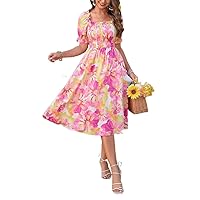 Women's Dress Dresses for Women Pink Floral Print Lantern Sleeve Organza Dress, Short Fit and Flare Dress Dress (Color : Pink, Size : X-Large)