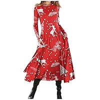 Women's Long Sleeve Wedding Guest Dress Casual Christmas Printed Round Neck Pullover Slim Fitting Dress, S-3XL
