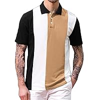 Men's Striped Color Block Polo Shirt Short Sleeve Button Down Casual Shirts Soft Lightweight Regular Fit Golf Shirts