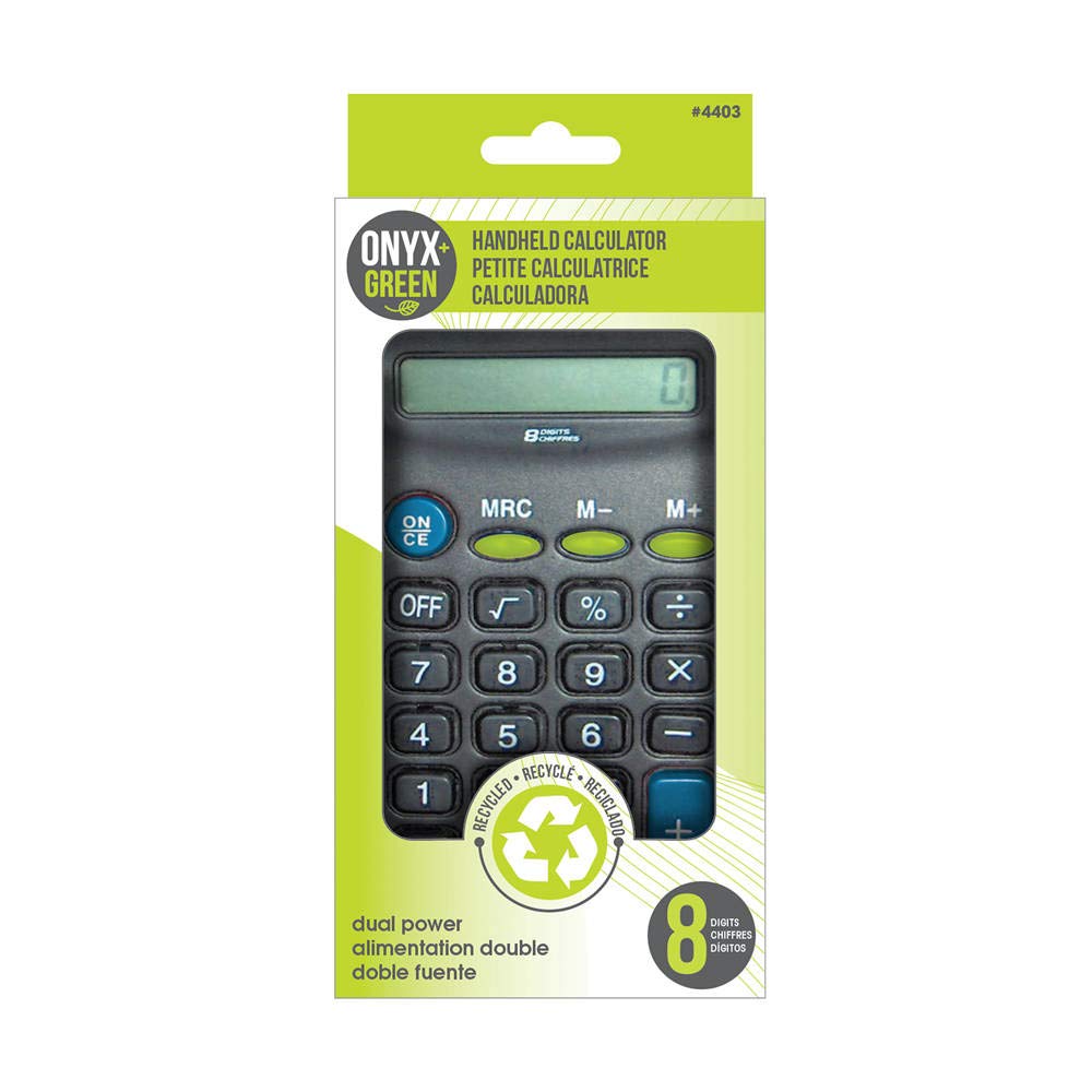 Onyx and Green Handheld 8 Digit Calculator, Dual Power, made from Recycled Plastics