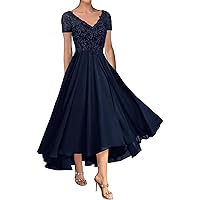 Mother of The Bride Dress for Wedding Tea Length Chiffon Prom Formal Party Gown for Women Short Sleeves
