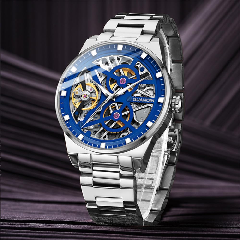GUANQIN Men's Vintage Skeleton Watch Automatic Mechanical Sapphire Crystal Double Sided Hollow Watch Men Stainless Steel Male Business Watch Waterproof Luminous Multifunction Dial, silver blue, Bracelet Type
