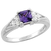 Sterling Silver Cubic Zirconia Princess Cut Amethyst Ring 1/4 inch Wide, Sizes 6-9