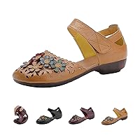 Women's Leather Closed Toe Sandals,Vintage Handmade Sunflower Cut-Out Comfy Softsole Adjustable Casual Dress Sandal