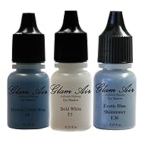Glam Air Set of 3 Airbrush Eye Shadow Colors- Electric Cobalt Blue, Bold White & Exotic Blue Shimmer Airbrush Water-based 0.25 Fl. Oz. Bottles of Eyeshadow