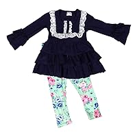 Little Girl Kids Long Sleeve Tunic Solid Top Floral Legging Pant Tight Set 2T-8