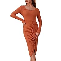 CUPSHE Women's Midi Bodycon Slim Fit Dress Scoop Neck Long Sleeve Drawstring and Split Front Tea Length