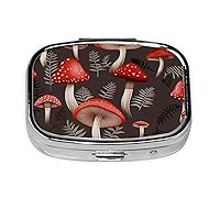 Square Pill Box Red Mushrooms Cute Small Pill Case 2 Compartment Pillbox for Purse Pocket Portable Pill Container Holder to Hold Vitamins Medication Fish Oil and Supplements