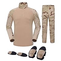 Outdoor Hunting Clothes Airsoft Shooting Shirt Pants Set Battle Dress Uniform BDU Set Tactical Combat Camouflage Clothing with Kneepad Elbow Pads - 3 Color Desert - M