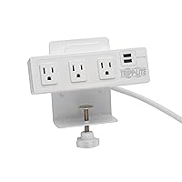 Tripp Lite Surge Protector Power Strip 3-Outlet with 2-Port USB Charging Ports, Desk Clamp, White 510 Joules (TLP310USBCW)
