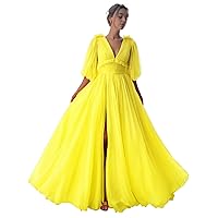 V Neck Long Prom Dress Puff Sleeves Tulle Homecoming Party Dresses Sexy High Split A-Line Formal Evening Dress
