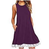 Womens Summer Dresses Sexy Sleeveless Round Neck Sundress Casual Beach Party Flowy Dress Lace Trim Dress with Pockets