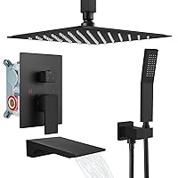 gotonovo Rain Mixer Shower Faucet Set Combo with Waterfall Tub Spout Rain Shower System Ceiling Mount Rainfall Shower Head with Handheld Spray Rough-in Valve and Trim Included Matte Black 12''