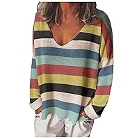 Women's Long Sleeve Undershirt Wide V-Neck Rainbow Stripe Multicolor Knit Top T Shirt Female Tops and Blouses